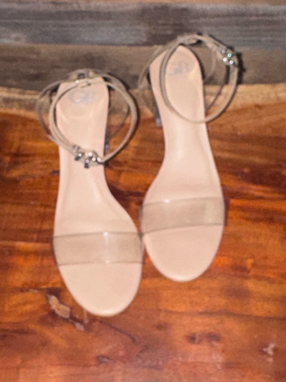 GB Gianni Bini Clear Lucite Block Heel Sandals Ankle Strap Nude Beige Size 9.5 M